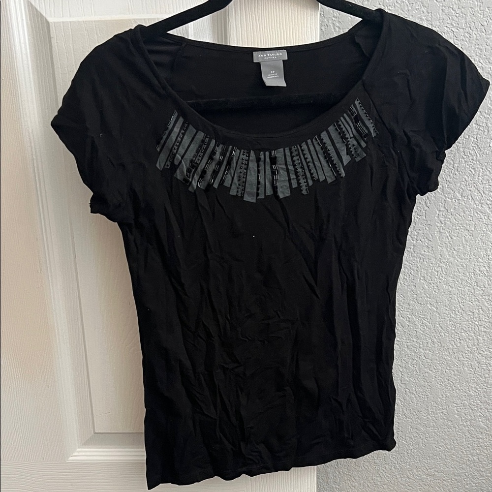Ann Taylor Black Short Sleeve Top with Sequin Embellishment